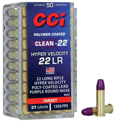 CCI Clean-22 Target Ammo 22 LR HV Poly-Coat Lead Purple RN 31gr 50/Box