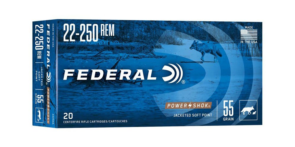 Federal Power Shok Ammo 22-250 Rem Jacketed SP 55gr 20/Box